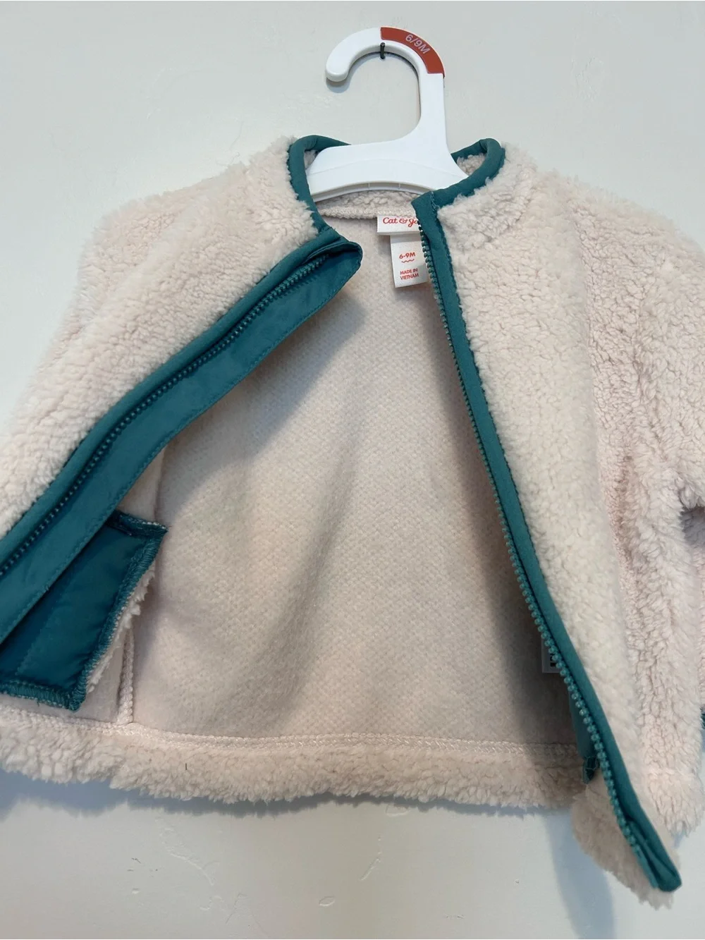 Cat & Jack Baby 6-9 Months Cream Sherpa Jacket with Teal Trim